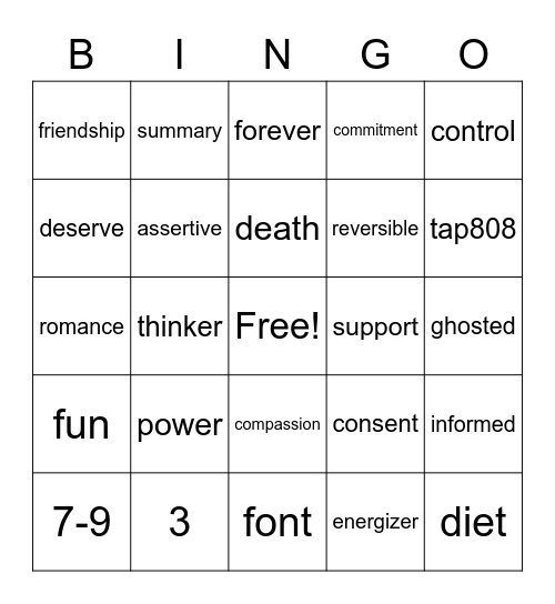Peer Ed Bingo Card