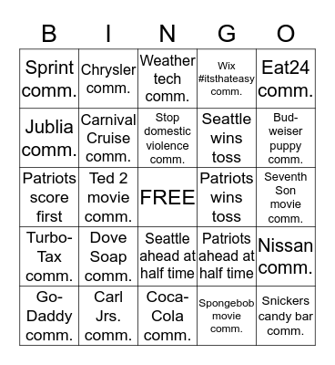 SUPER BOWL 2015 Bingo Card