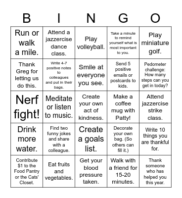 Wellness Bingo Card