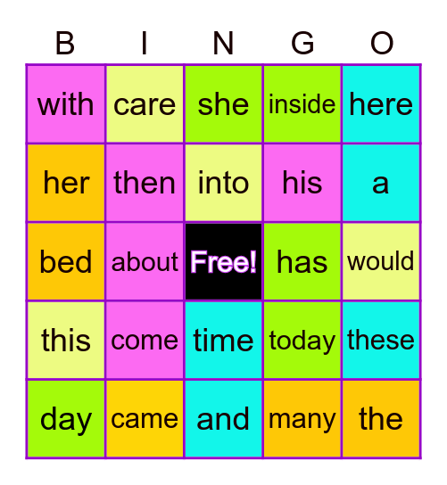 Sight Words Bingo Card