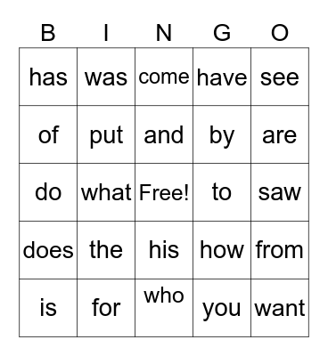 Heart Words Bingo Card