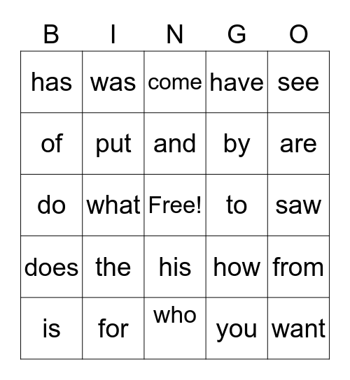 Heart Words Bingo Card