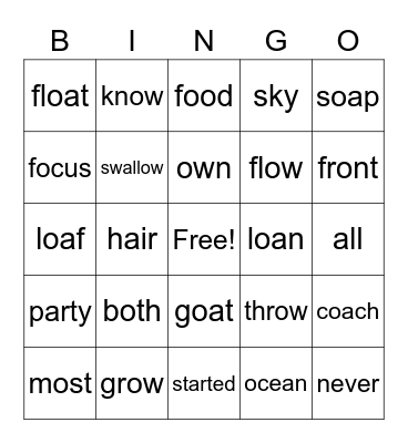 Spelling Bingo Card