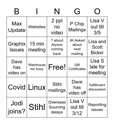 Sales Call Bingo Card