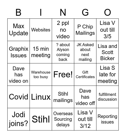 Sales Call Bingo Card