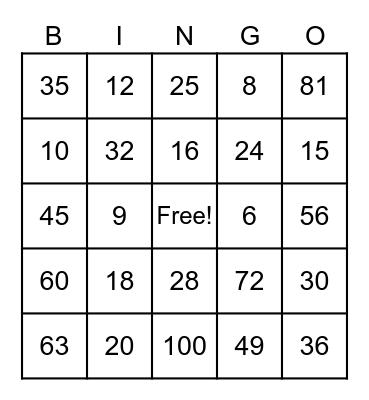 Multiplication Bingo Card