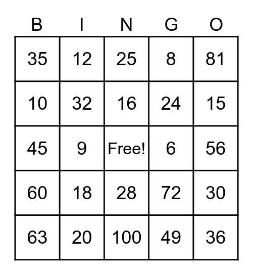 Multiplication Bingo Card