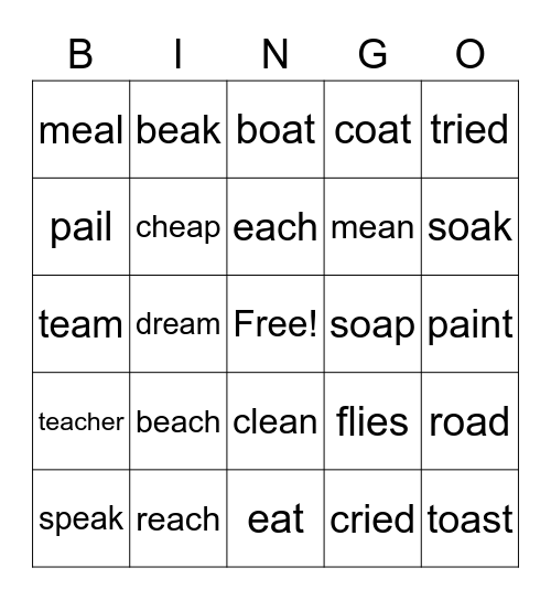 Long Vowel Words Bingo Card