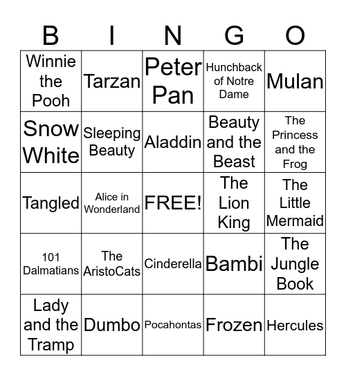 Name That Disney Movie Bingo Card
