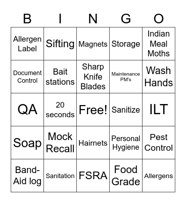 Food Safety BINGO Card