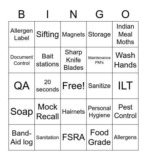 Food Safety BINGO Card