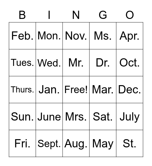 Days of the Week & Month Abbreviation Bingo Card