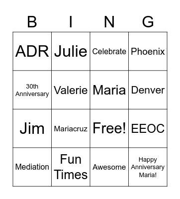 Maria's 30th Anniversary Bingo Card