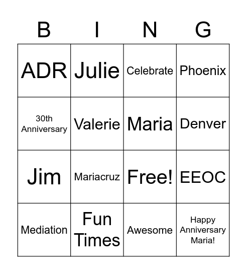 Maria's 30th Anniversary Bingo Card