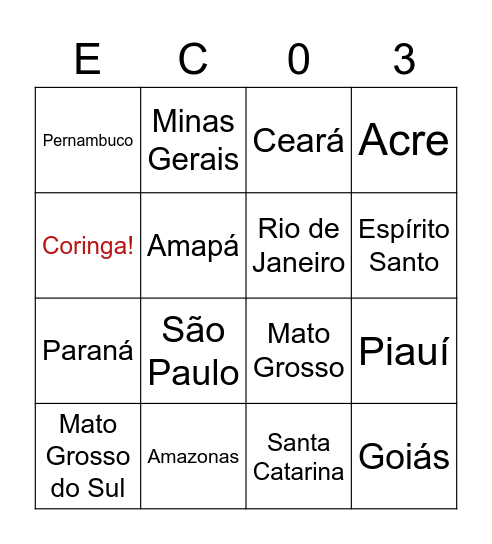 Estados Brasileiros Bingo Card