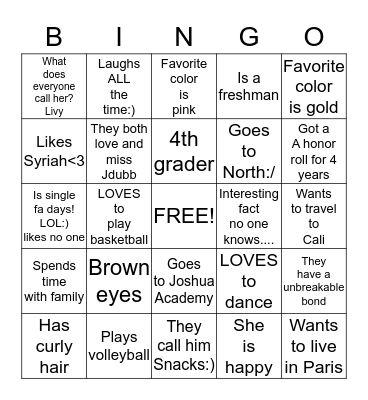 Livy and Jeremy Bingo Card