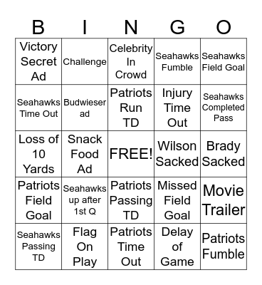 Super Bowl 2015 Bingo Card