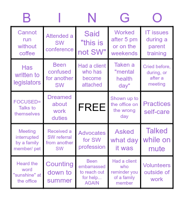 Social Work Month Bingo Card