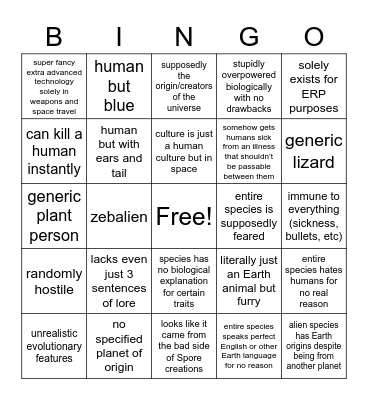 Bad Alien Species Bingo Card
