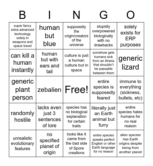 Bad Alien Species Bingo Card