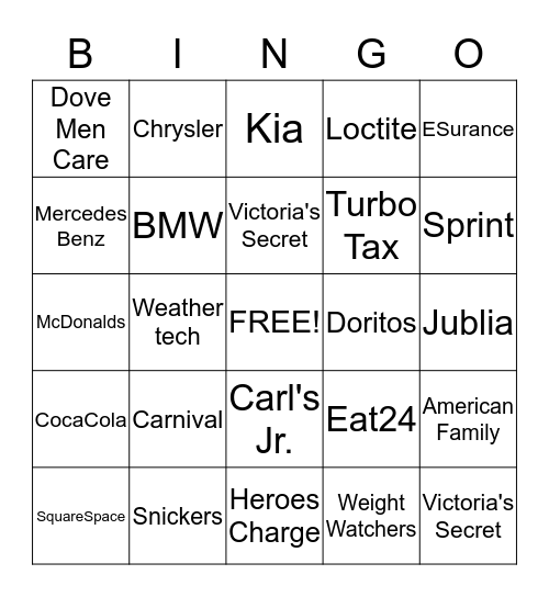 SUPER BOWL COMMERCIAL BINGO 2015 Bingo Card
