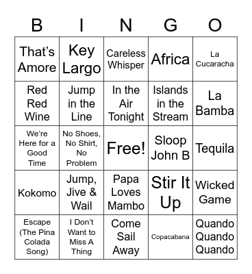 Cruise Ship House Band Bingo Card