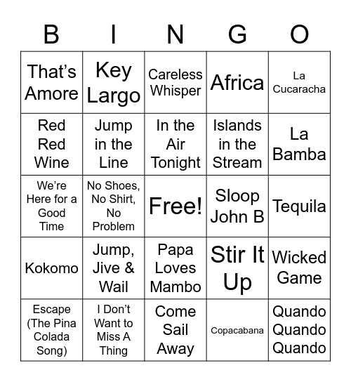 Cruise Ship House Band Bingo Card