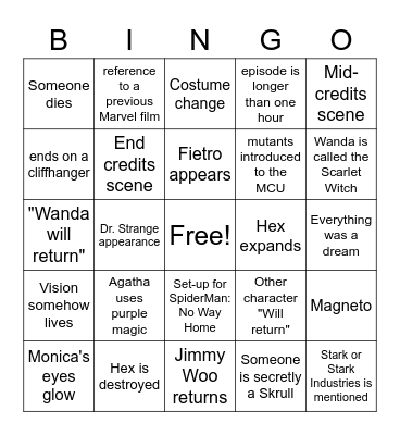 WandaVision Bingo Card
