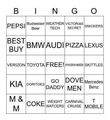 SUPERBOWL COMMERCIAL BINGO Card