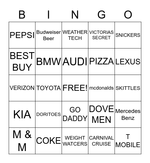 SUPERBOWL COMMERCIAL BINGO Card