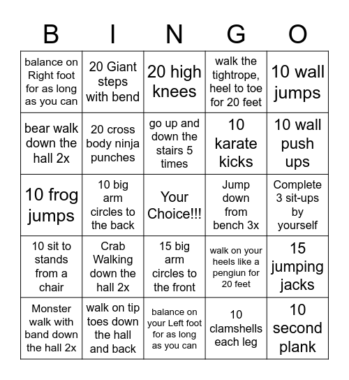 Gross Motor Bingo Ages 6-10 Bingo Card