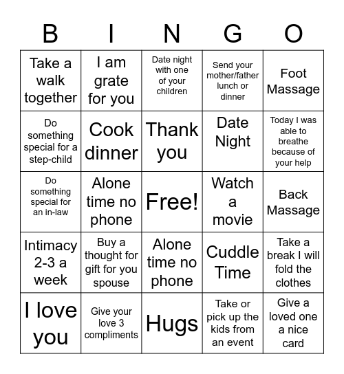Couples Bingo 2 Bingo Card
