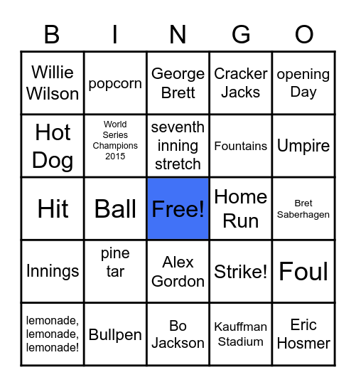 Kansas City Royals Baseball Bingo Card