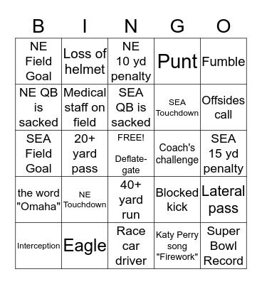 SUPER BOWL 2015 Bingo Card