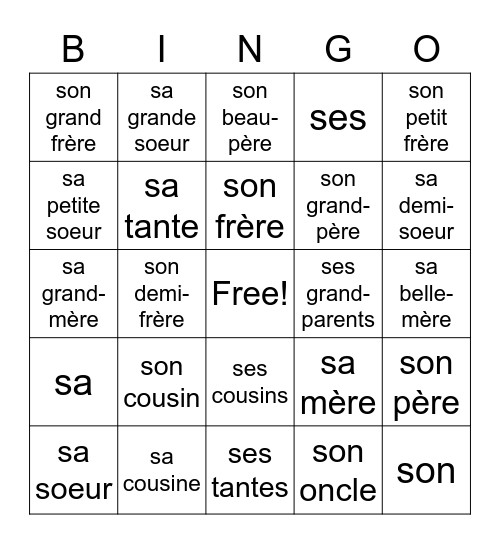 Sa famille Bingo Card