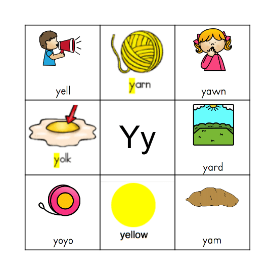 Letter Y Bingo Card