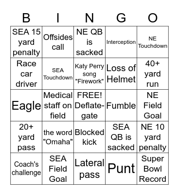 SUPER BOWL 2015 Bingo Card