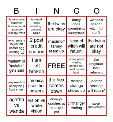 WANDAVISION FINALE Bingo Card