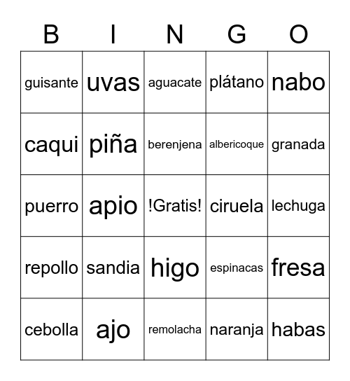 frutas Bingo Card