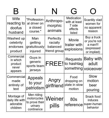 Snarky Superbowl Bingo Card