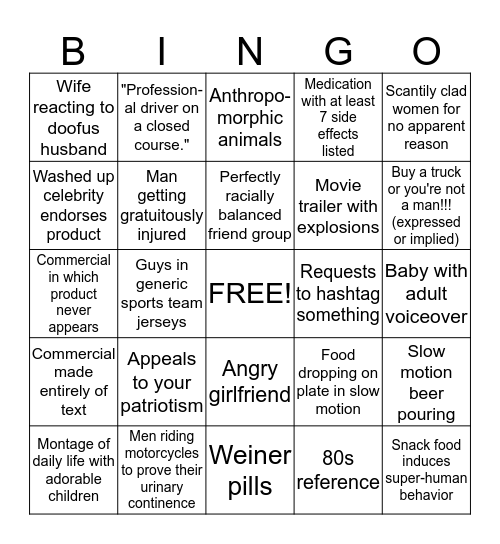 Snarky Superbowl Bingo Card