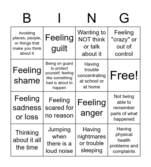 Common Reactions to Stress Bingo Card