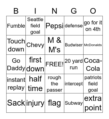 super bowl bingo Card