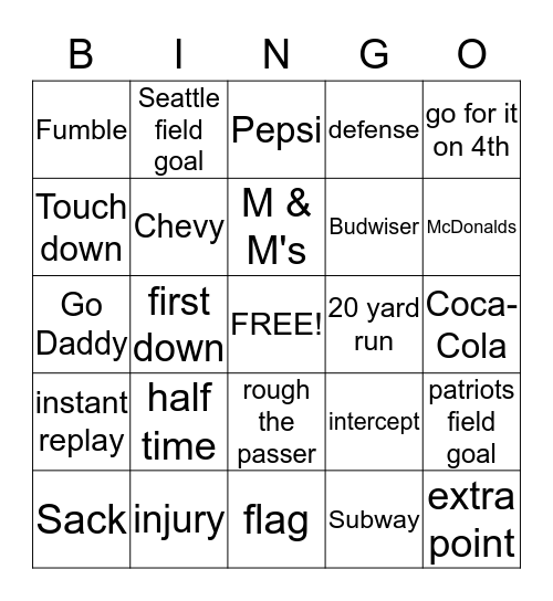 super bowl bingo Card