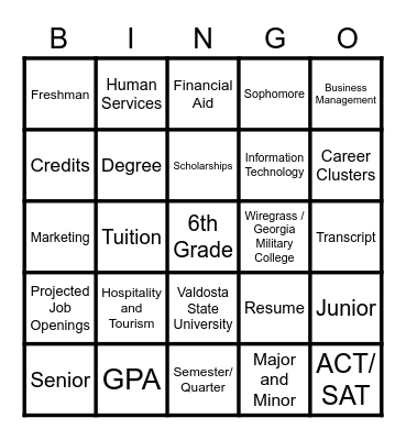 College and Career Bingo Card