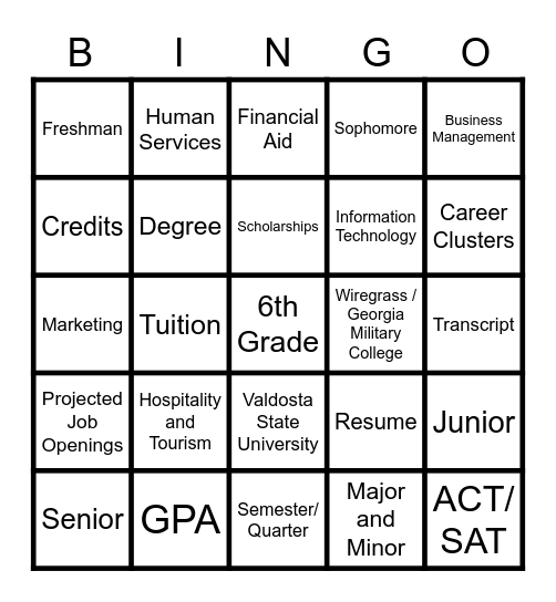 College and Career Bingo Card