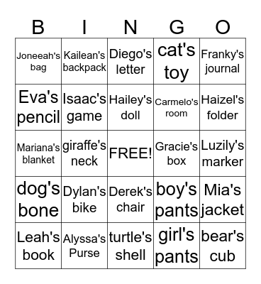 Singular Possessive Nouns Bingo Card