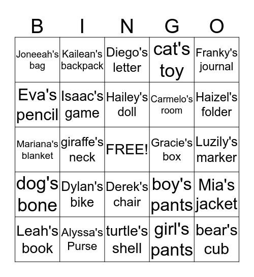 Singular Possessive Nouns Bingo Card