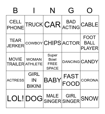 SUPER BOWL COMMERCIAL Bingo Card