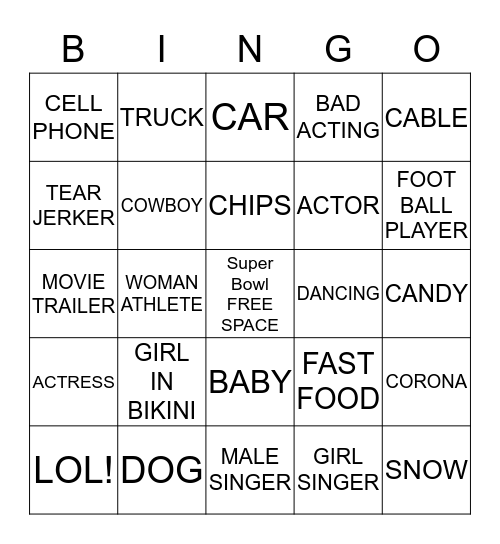 SUPER BOWL COMMERCIAL Bingo Card